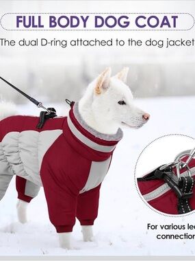 Insulated Full-Body Dog Coat in Red and Gray with Dual D-Ring